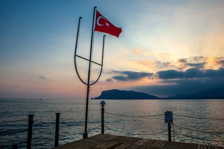 pier withTurkey flag at sunsetの写真素材