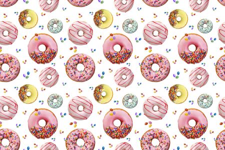 Seamless background with donut on white. Colorful pattern.の写真素材
