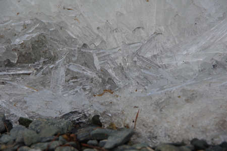 ice broken in a frozen landscape on a spring day, crack in a frozen layer of ice, beautiful,...