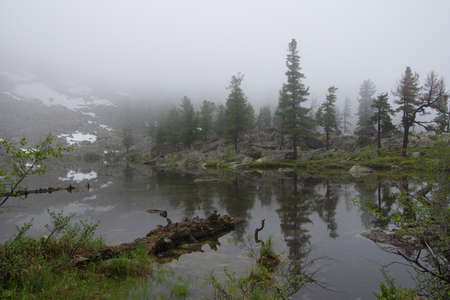 Scenic landscape with morning mood fog and sunrise for summer in the Ergaki Mountain.の写真素材