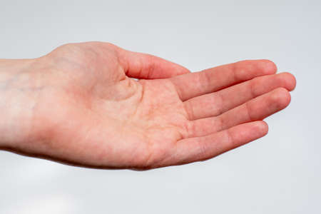 close-up female hand palm isolated on white background. Can be used as a part, as a hand that asks for something.の写真素材