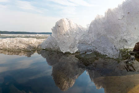 Spring melting of ice in the lake, reflection of ice in the water, pre-sunset time, wallpaper,...