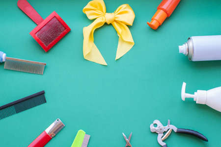 Classic grooming and hairdressing tools on a green background: varnish, combs, lotions, brush,...