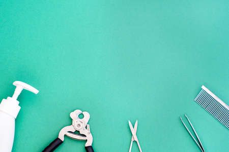 Classic grooming and hairdressing tools on a green background: lotion, soap, comb, scissors, tongs, copy spaceの販売画像