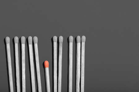 Flat lay pattern of matches with black heads and one small one with orange heads, copy space. Can be used to illustrate opposing one to several, kids and adults, business idea conceptの写真素材