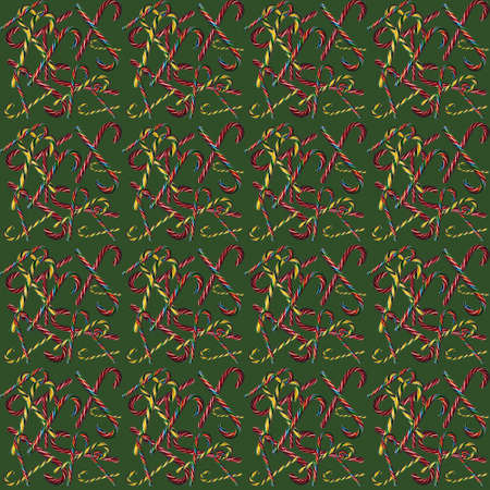 Seamless pattern with Christmas candy canes on a green background, top view. Can be used as...