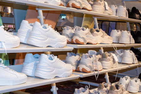 Side view of the shelves of a shoe store with many sales of sneakers. Close up image of some sneakers in a store. Business conceptの写真素材