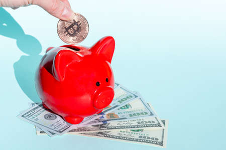 Cryptocurrency savings concept. A hand puts a bitcoin coin in a red piggy bank standing on one hundred dollar bills on a blue background, copy space. New financial systemの写真素材
