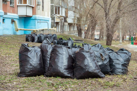 Black plastic trash bags with autumn dried leaves. Bags of garbage. Seasonal cleaning of city...
