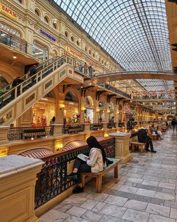 GUM store interior, Red Square, Moscow, Russian Federation, May 2021. Central historical store in Moscow.のeditorial素材