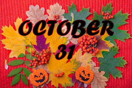 October 31st is the date for Halloween. Pumpkin shape with a scary smile Halloween on a colorful...