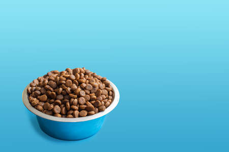 Round metal bowl full of crunchy dry food for dogs or cats on blue background, side view, copy space. Pet care concept.の写真素材