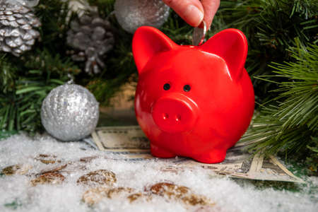 Hand putting a coin into a red piggy bank on gold coins and paper money covered with snow and Christmas green fir branchesの写真素材