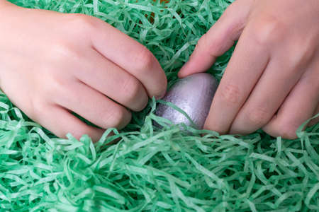 Children celebrate Easter. Childrens hands are looking for painted Easter eggs in green paper...