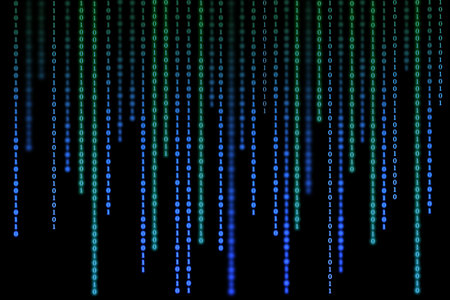 Blue matrix background of binary numbers. Matrix of computer data. Vertical digital binary code...
