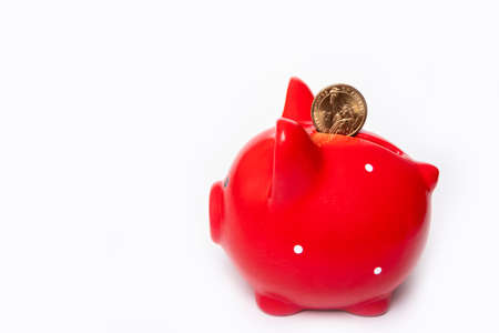 Coin 1 dollar in a hole in a red piggy bank on a white background. Saving concept. The stability of...