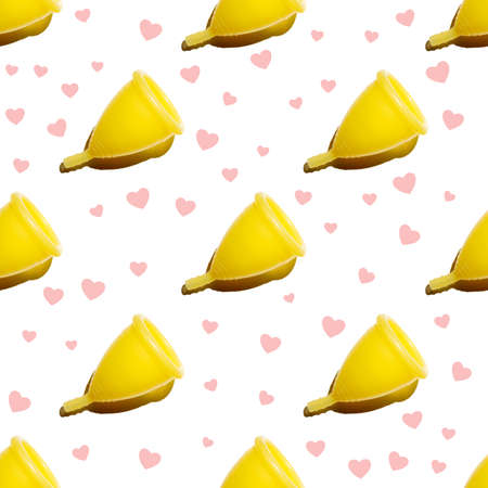 Seamless pattern of yellow menstrual cups on a white background with pink hearts as menstrual drops. Womens health concept. Eco friendly concept. Zero waste concept.の写真素材