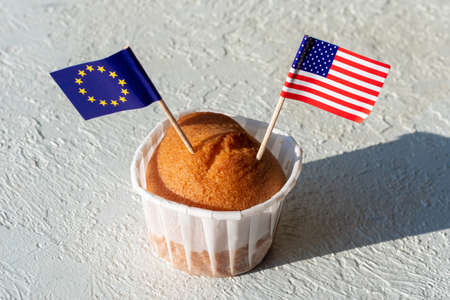 Homemade cupcake with USA and EU flags on white background . The concept of cooperation between...