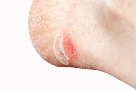 Foot with callus on a white background, close-up. Red sore on leg from wearing shoes. Bloody callus...