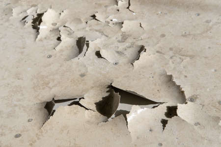 Shattered light beige pastel paint on the wall. Numerous cracks, chips and peeling paint, selectiv...