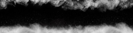 Panoramic view of abstract fog with drops. White clouds, fog or smog moving on a black background....