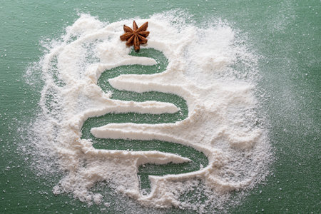 A Christmas tree painted from flour as from snow with a dried star of anise on a green background. Christmas cooking: fir tree made from four, ingredients for baking and dried fruits. Christmas cardの写真素材