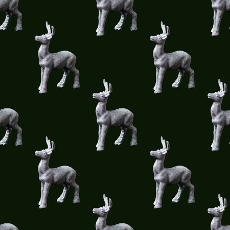 Seamless Christmas pattern. A Christmas tree toy, a shining silver deer standing on a dark green background. Pattern of Grey Reindeer Santas Helpersの写真素材