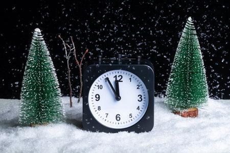 New Years Eve. Christmas Eve. Composition Night winter forest, blizzard and alarm clock in the snow....
