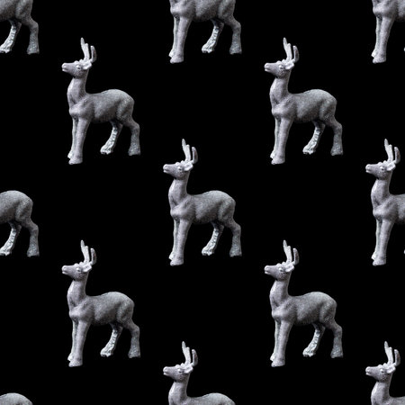 Seamless Christmas pattern. Christmas tree toy, shining silver deer standing on a black background. Pattern of Grey Reindeer Santas Helpersの写真素材