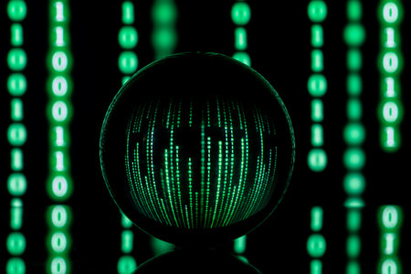 Dark background with computer binary code and a ball. The concept of artificial intelligence....