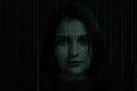 Female face with matrix digital numbers artifical intelligence AI theme with human face. The concept...