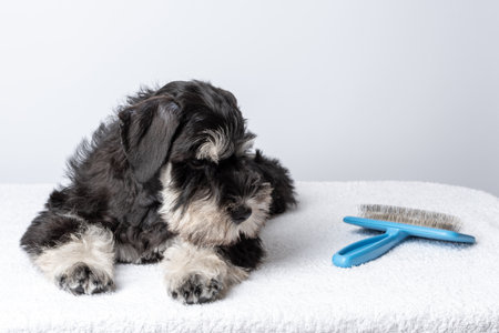 Grooming a dog lying on a white towel next to a blue comb. dog hair care. Pet spa.の写真素材