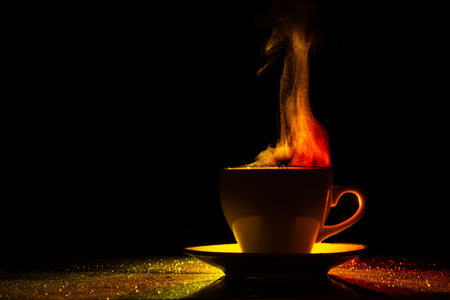 A mug with a warm drink and curly steam rising up, illuminated in red-yellow, orange on a black background, copy space, creative, silhouette. morning coffeeの写真素材