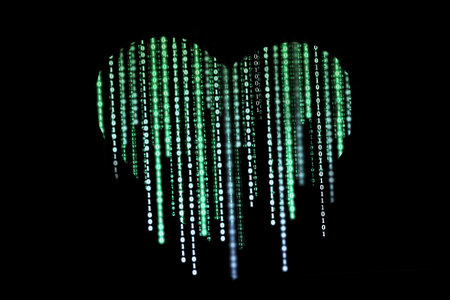Heart-shaped composed of binary computer code on a black background. The concept of artificial...