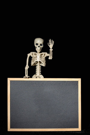 Funny human skeleton holding his hand up, standing for an empty black blank on a black background, copy space, mockup, vertical frame. Halloween Greeting Cardの写真素材