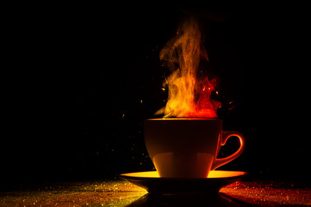 A mug with a warm drink and curly steam rising up, illuminated in red-yellow, orange on a black background, copy space, creative, silhouette. morning coffeeの写真素材