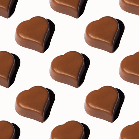 Seamless pattern of heart-shaped chocolates with shadow on white background Favorite food...