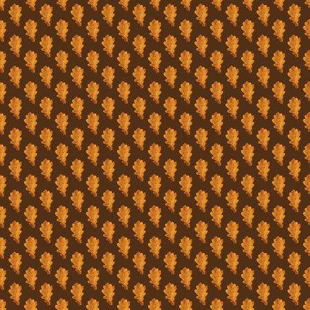 Seamless pattern of golden yellow oak leaves on a brown background. Design element. Colorful backround image of fallen autumn leaves perfect for seasonal use. Textileの写真素材