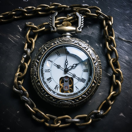 Vintage pocket gold watch with a chain on a dark background. An old round clock with a lid on a chain, a low key, a close-up. The concept of timeの素材