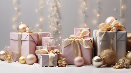 Lots of pink Christmas gift boxes with bows, Christmas tree, silver decorative balls, snowflakes on a pink background, banner, copy space. Stylish postcard. Happy New Yearの素材