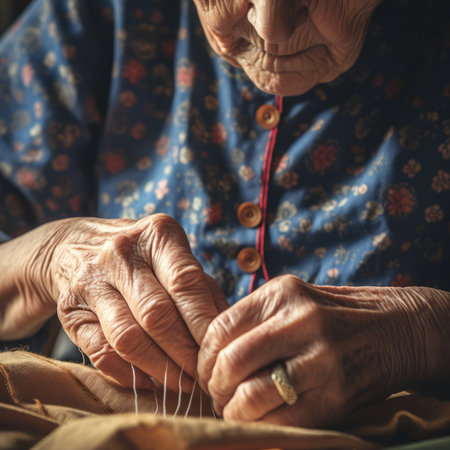 Close-up of elderly woman hands using needle and thread to mend a pants. Selective focus. An elderly old woman with wrinkled hands repairs old clothesの素材