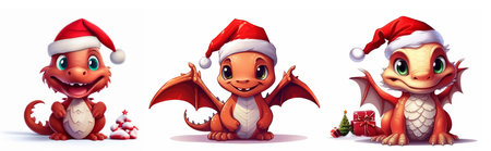 A set of fantastic cartoon cute dragons in a red Christmas hat with gifts on a white background. New Year's symbol of 2024 for overlay, design. Funny funny red dragon with wingsの素材