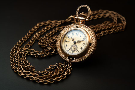 Round vintage gold pocket watch with open lid on black background. The concept of passing time. Collecting antiques.の素材