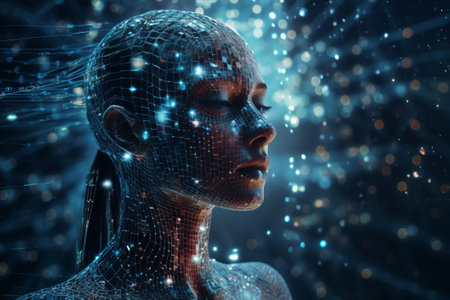 Female face with matrix digital numbers, dots, links, hologram, side view, blue background. The concept of artificial intelligence AI with a human face. Digital screen with touch face of virtual reality. Robotic wired headの素材