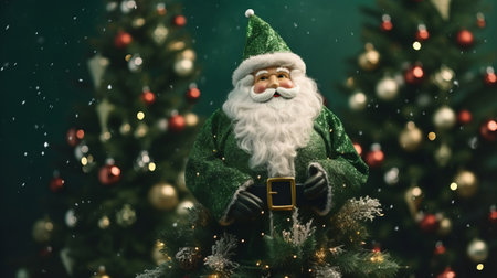 Smiling festive dwarf in green clothes with a big white beard near a decorated Christmas tree. Stylish Christmas card with a Santa figure in a green suitの素材