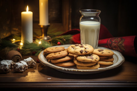 A gift for Santa Claus. A glass of milk cookies with chocolate on a red napkin on the table, candles. Waiting for a miracle in the New Yearの素材