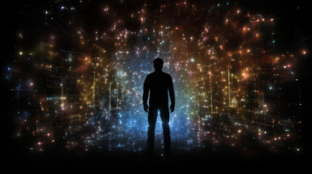 Silhouette of a person in the matrix, virtual reality, computer game. The concept of artificial intelligence and human. A man in the AI worldの素材