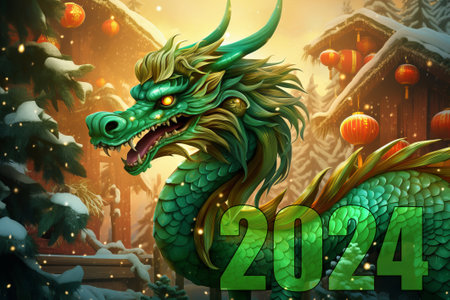 The fabulous green wooden dragon is the symbol of the 2024 New Year. A cute cartoon green dragon is sitting next to a Christmas tree with gifts. Colorful bright stylish Christmas cardの素材