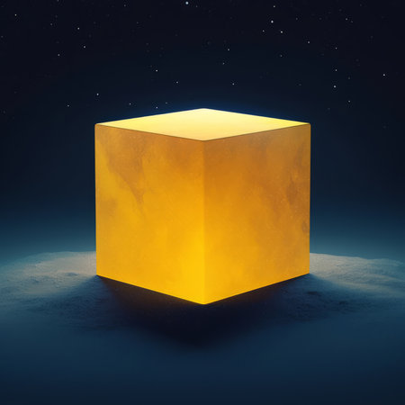 Bright yellow cube on a dark blue background, minimalism, texture, modern. Bright stylish perfect podium for your work.の素材
