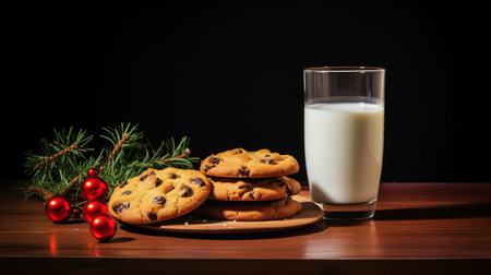 A gift for Santa Claus. A glass of milk cookies with chocolate on a red napkin on the table. Waiting for a miracle in the New Year.の素材